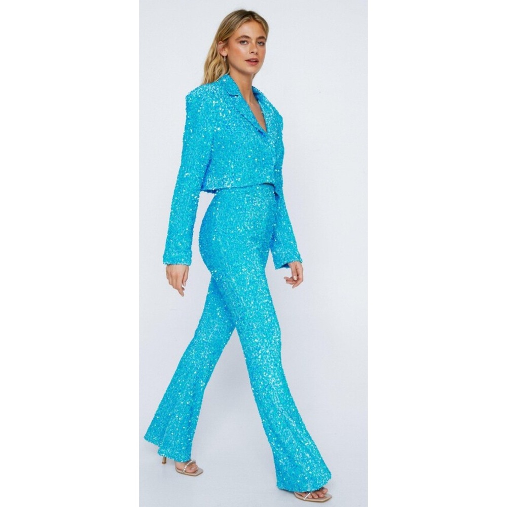 Nasty Gal Blue Sequin Two Piece Set Disco Flare Pants Festival Outfit‎ UK 8 US 4